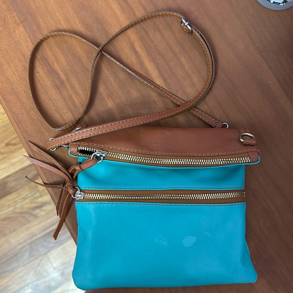 VERA PELLE Turquoise Teal and Brown Leather Crossbody Shoulder bag made in Italy